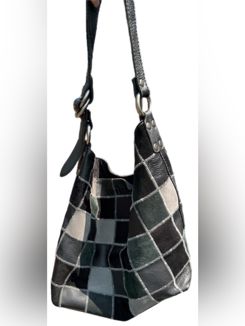 Lucky Brand Black Gray Patchwork Leather Suede Hobo Shoulder Bag Boho Y2K